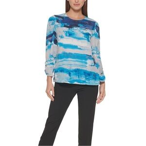 DKNY Chiffon Long Sleeve NWT Petite Large Women’s Top. Blouse. Blue tones.
